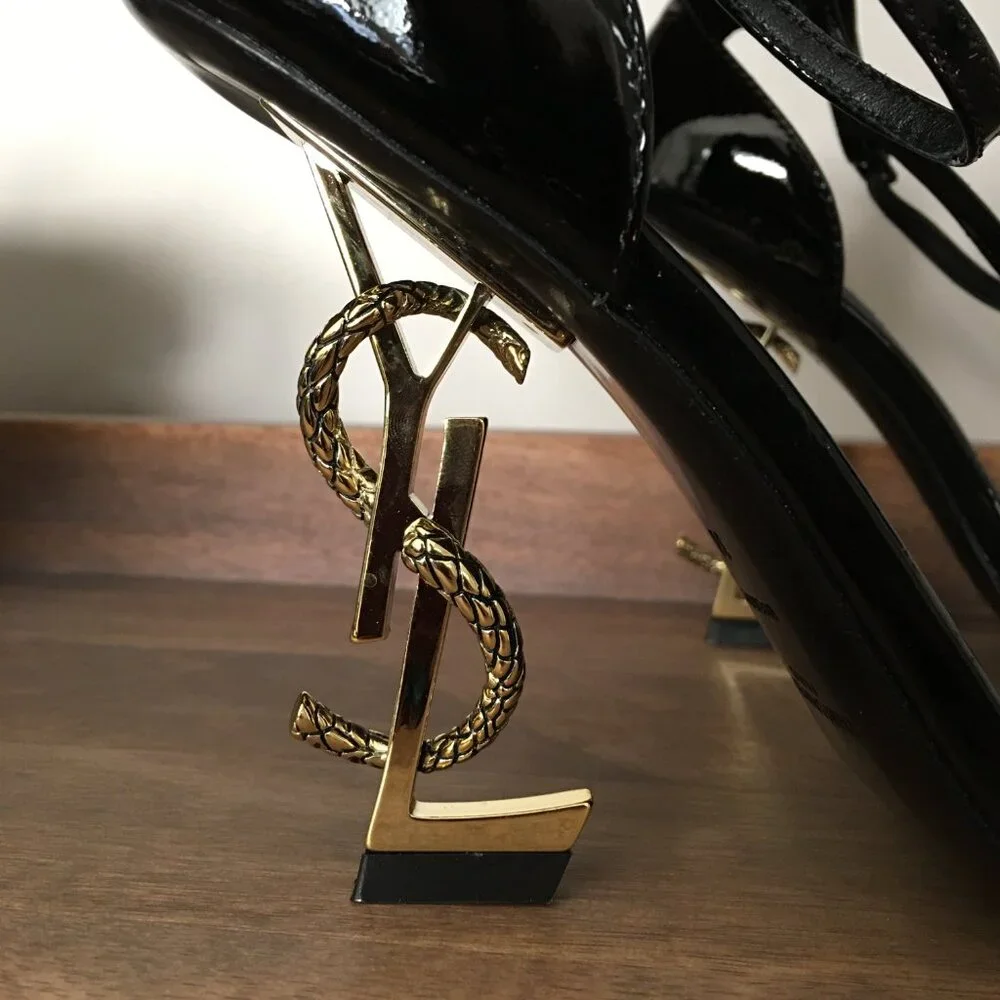 Saint Laurent Opyum YSL Snake Heel Black Patent Pumps 38